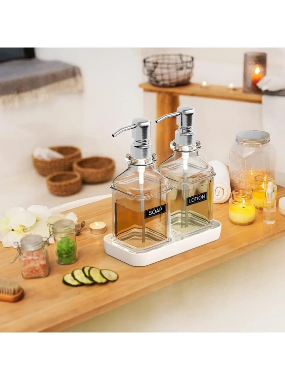 Antique Glass Soap Dispenser Set - 2 Pack with Tray, Rust-Proof Pump & Stickers